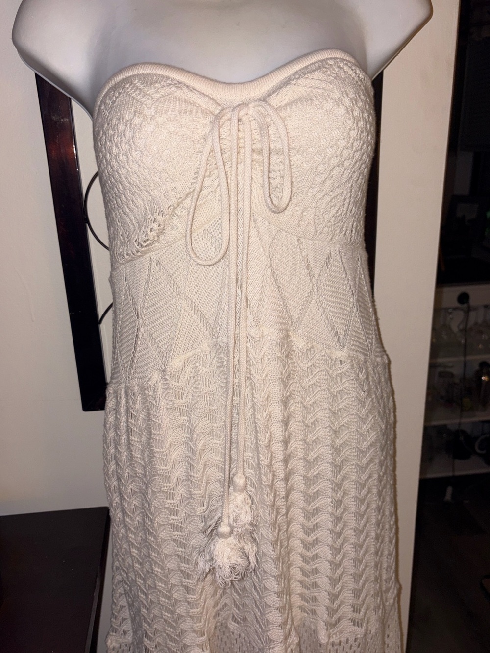Farm Rio Anthropologie Summer Cream Strapless Crochet Dress Size Medium EUC - Picture 9 of 15